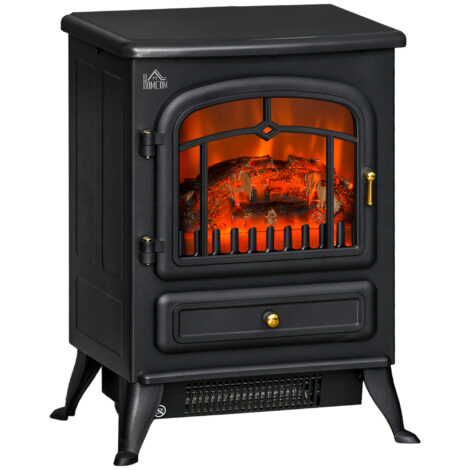 Freestanding Electric Fireplace Indoor Heater Glass View Log Wood Burning Effect Flame Portable Fireplace Stove 950/1850W Black - Black