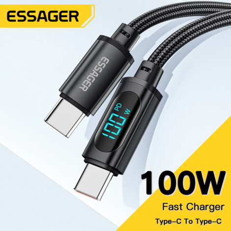 Essager LED Display 100W 5A PD USB C to USB C Braided Cable Fast Charge Data