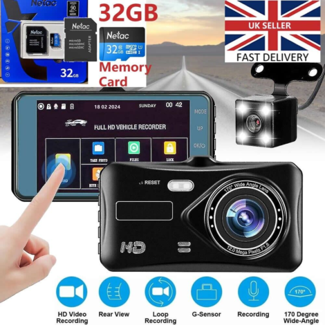 Dash Cam for Car – Front and Rear 1080P HD with Night Vision & 32GB SD Card