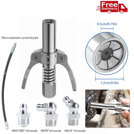 Grease Gun Coupler Double Handle High Pressure Quick Release Lock Nozzles With Hose - Silver