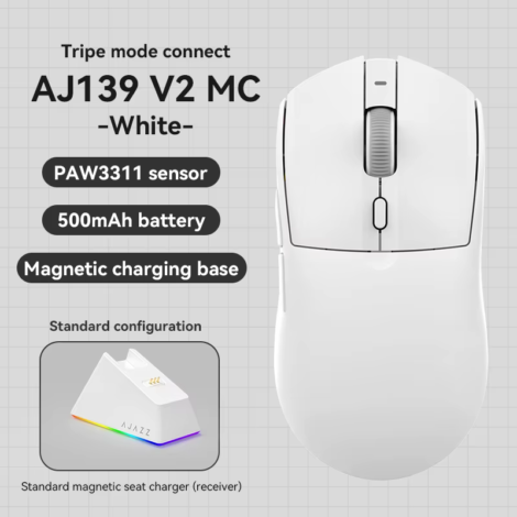 AJ139-V2-MC Tri-Mode Gaming Mouse – Wired/2.4GHz/Bluetooth Wireless with Magnetic Charging Base